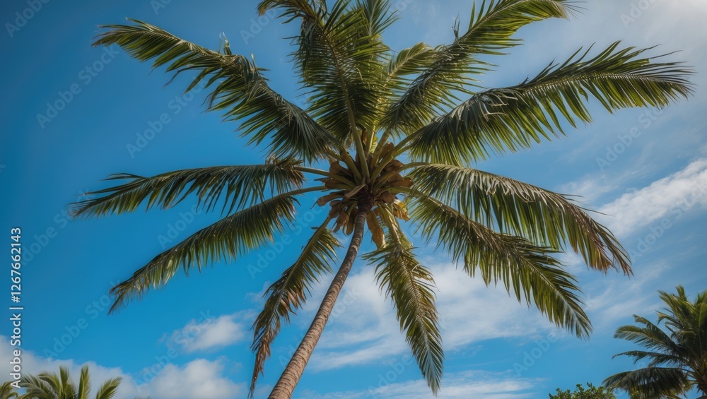 Obraz premium Coconut Palm Tree Against a Clear Blue Sky with Fluffy Clouds and Tropical Landscape Elements
