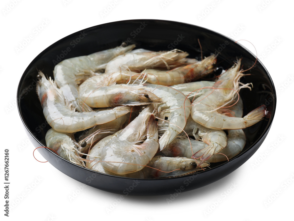 Fresh raw shrimps in bowl isolated on white Fresh raw shrimps in bowl isolated on white