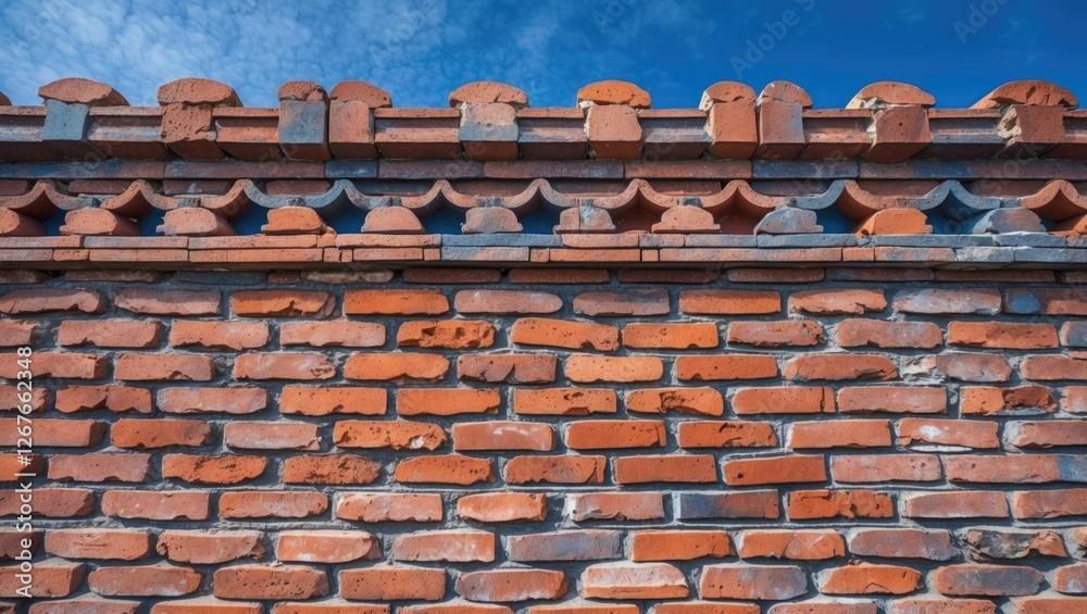 Decorative red brick fence wall with intricate design against vibrant blue sky and scattered clouds Decorative red brick fence wall with intricate design against vibrant blue sky and scattered clouds