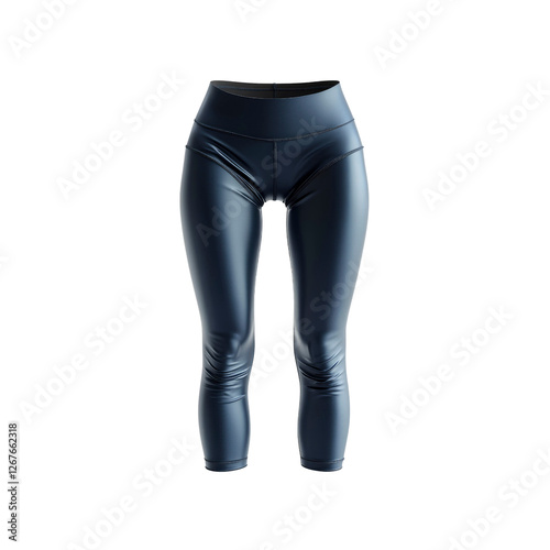 Women's Dark Blue Shiny Leggings - 3/4 Length - Front View photo