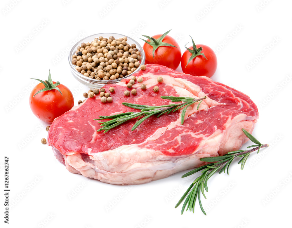 Piece of raw beef meat, tomatoes and spices isolated on white Piece of raw beef meat, tomatoes and spices isolated on white