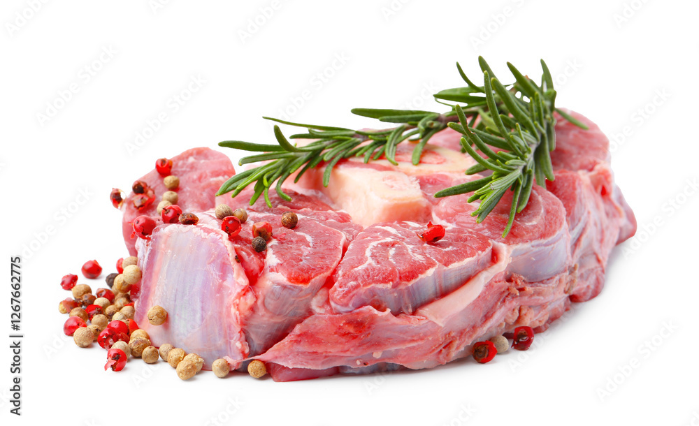 Piece of raw beef meat and spices isolated on white Piece of raw beef meat and spices isolated on white