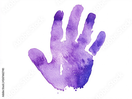 A purple watercolor handprint on a white background representing creativity identity and personal expression in an artistic abstract form
 photo