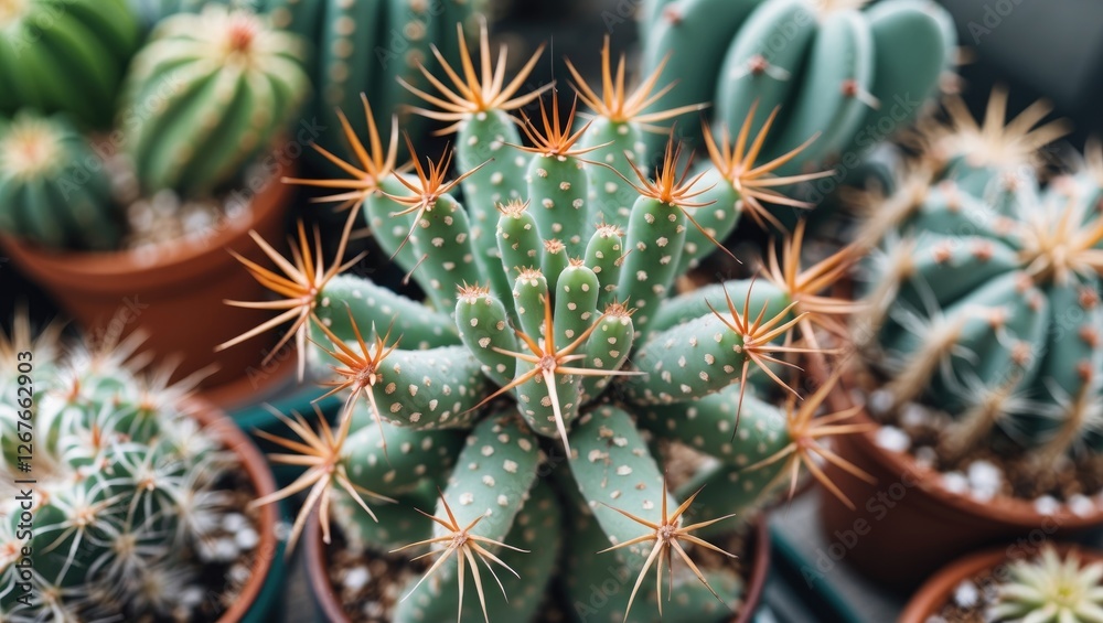 Vibrant Close-Up of a Spiky Cactus Surrounded by Various Indoor Succulents in Pots Showcasing Unique Textures and Colors Vibrant Close-Up of a Spiky Cactus Surrounded by Various Indoor Succulents in Pots Showcasing Unique Textures and Colors