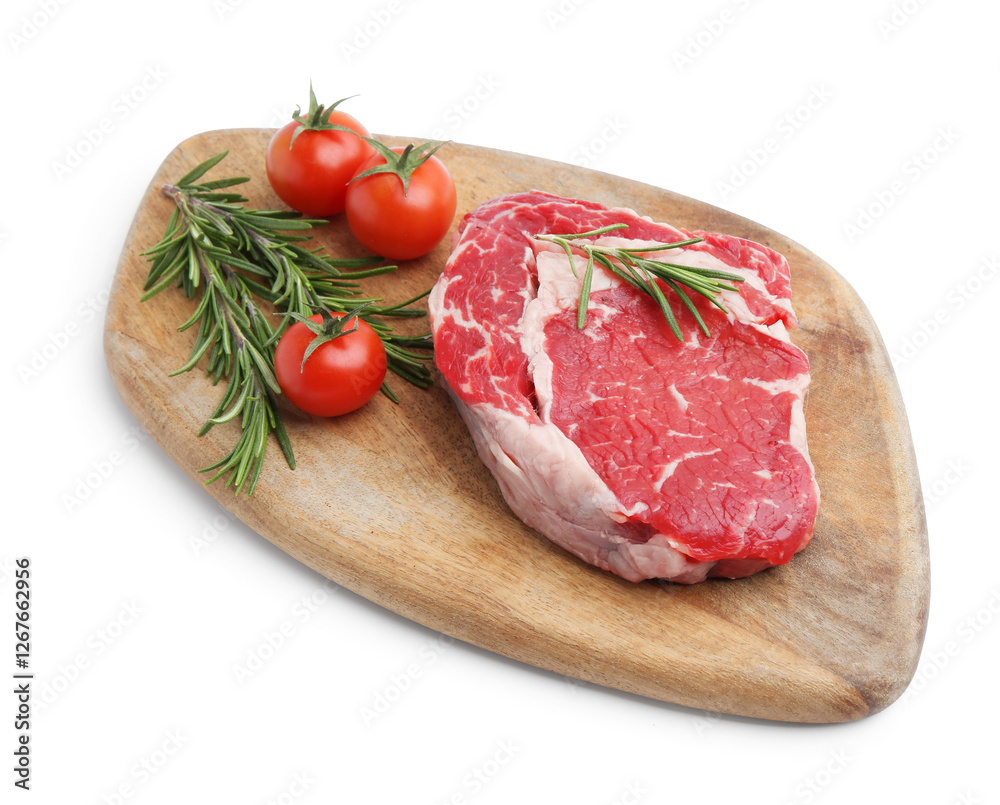 Piece of raw beef meat, rosemary and tomatoes isolated on white Piece of raw beef meat, rosemary and tomatoes isolated on white