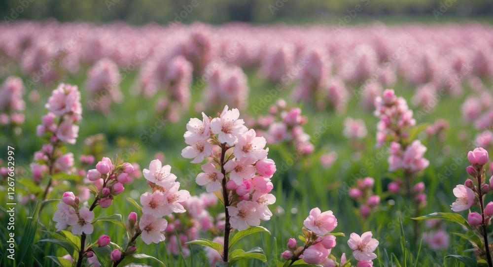 Pink Flower Blooms on Lush Green Meadow with Soft Focus Background in a Serene Nature Landscape Pink Flower Blooms on Lush Green Meadow with Soft Focus Background in a Serene Nature Landscape