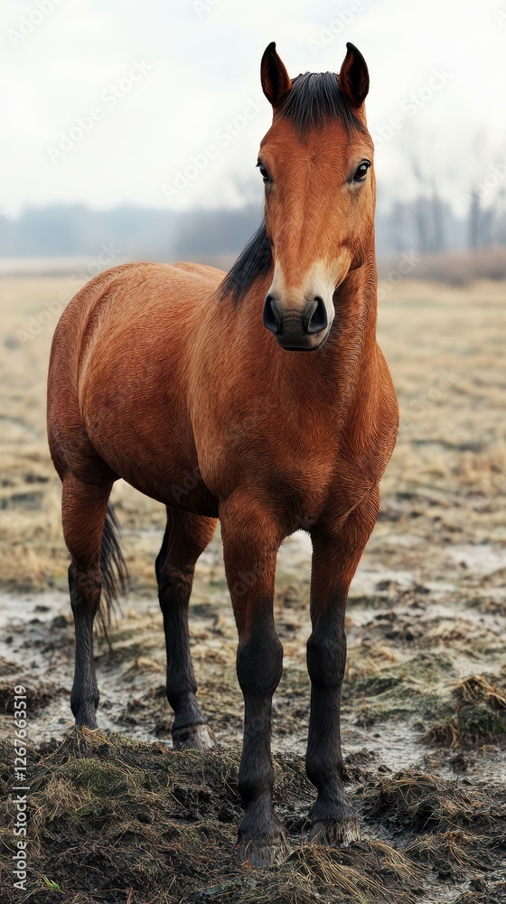 Horse standing calmly in a muddy field during overcast weather at early morning Horse standing calmly in a muddy field during overcast weather at early morning