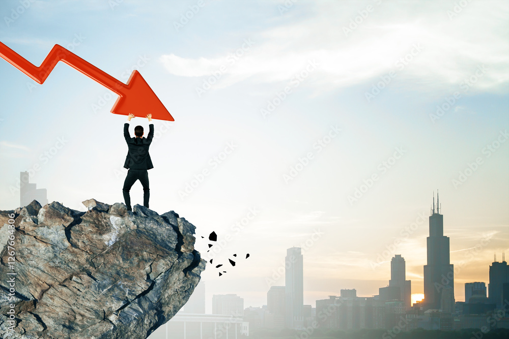 Businessman holding red downward arrow on cliff, symbolizing financial crisis, with city skyline in background, conveying economic collapse. Businessman holding red downward arrow on cliff, symbolizing financial crisis, with city skyline in background, conveying economic collapse.
