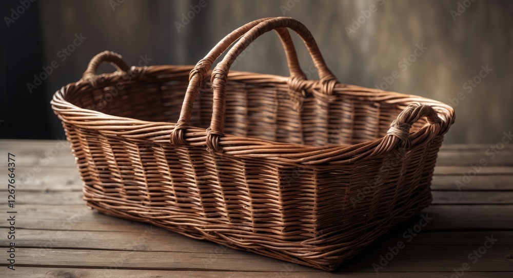 Obraz premium Woven Brown Wicker Basket with Handles on Wooden Surface Ideal for Household Decoration and Storage with Space for Custom Text