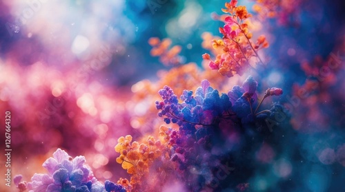 Vibrant floral abstract background with blurred watercolor effects and colorful blooms creating a dreamy aesthetic for creative projects.