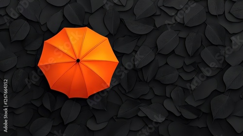 Bright Orange Umbrella Against Dark Leaf Background