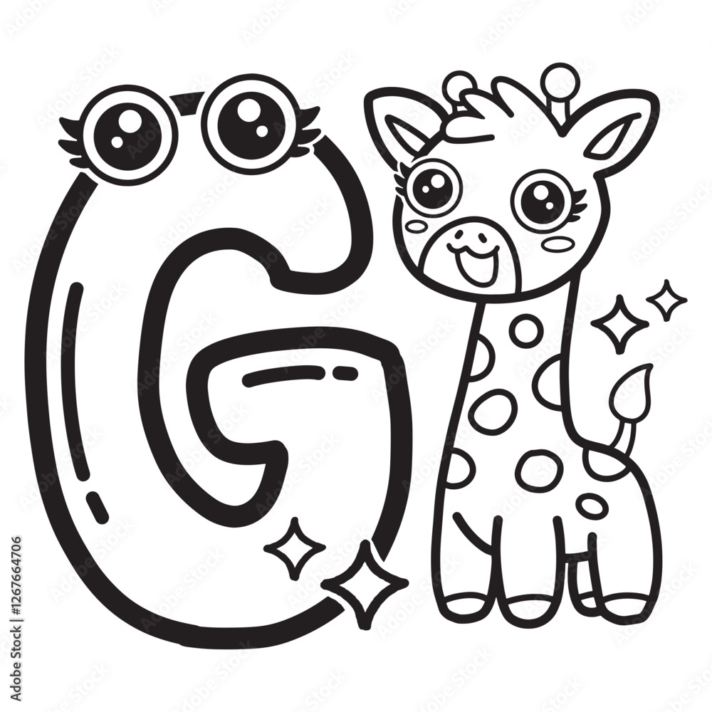 Fototapeta premium Learning card alphabet. Letter G. Cute cartoon illustrations. Coloring page