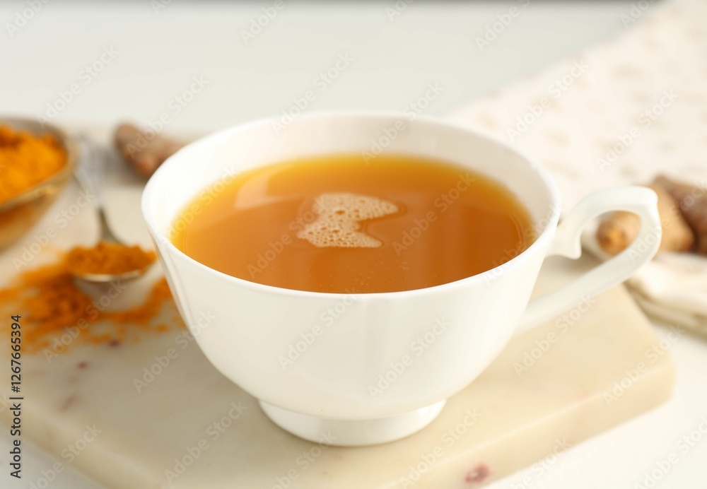 Aromatic turmeric tea, powder and rhizomes on white table, closeup Aromatic turmeric tea, powder and rhizomes on white table, closeup