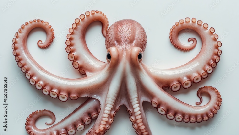 Fototapeta premium Close Up of Fresh Raw Octopus Displayed on a White Background Capturing Its Unique Tentacles and Textural Details for Culinary Uses