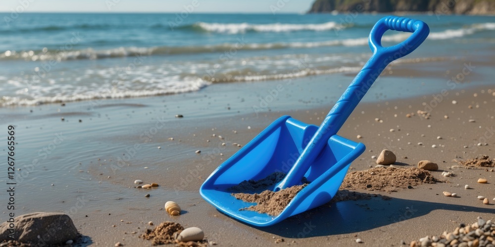 Vibrant Blue Plastic Beach Shovel Toy on Sandy Shore with Tranquil Ocean Waves and Blank Space for Creative Text or Branding Vibrant Blue Plastic Beach Shovel Toy on Sandy Shore with Tranquil Ocean Waves and Blank Space for Creative Text or Branding