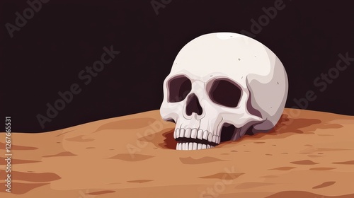 A mysterious skull halfburied in the sandy desert landscape surrounded by dramatic dunes and sparse vegetation photo