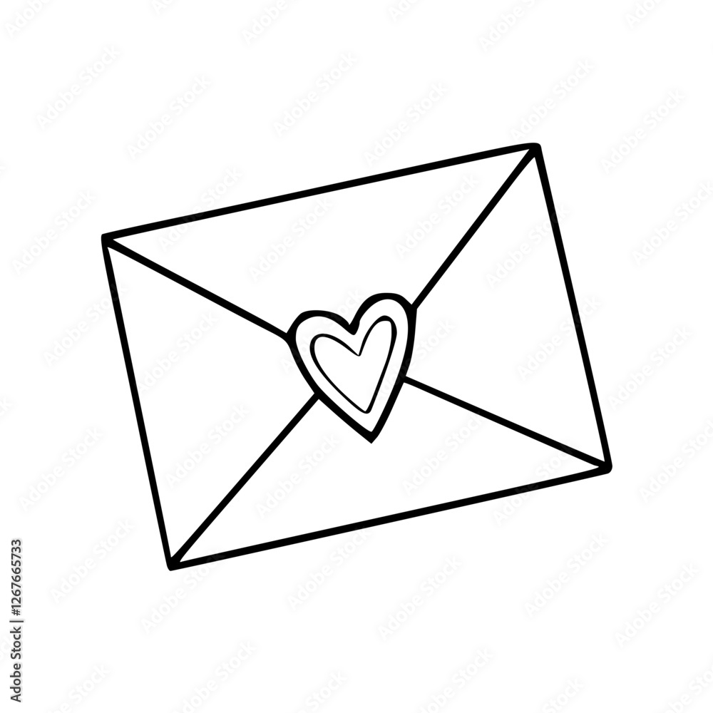 a black and white drawing of an envelope with heart a black and white drawing of an envelope with heart