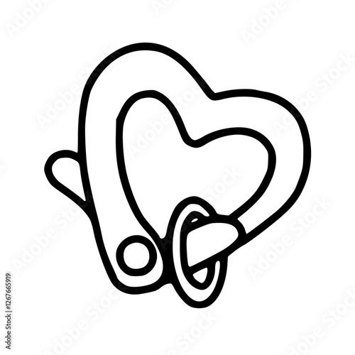 a black and white drawing of a cute heart shaped carabiner