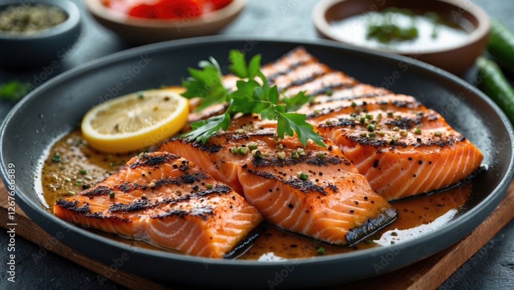 Grilled Salmon Fillet with Lemon and Herbs on Black Plate Fresh Culinary Presentation with Space for Text or Branding Grilled Salmon Fillet with Lemon and Herbs on Black Plate Fresh Culinary Presentation with Space for Text or Branding