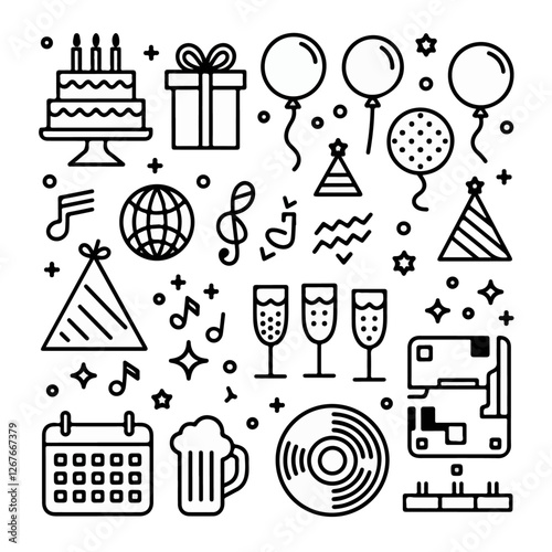 Celebration Icon Set Representing Party Decorations Gifts Balloons And Event Elements For Festivals And Special Occasions photo