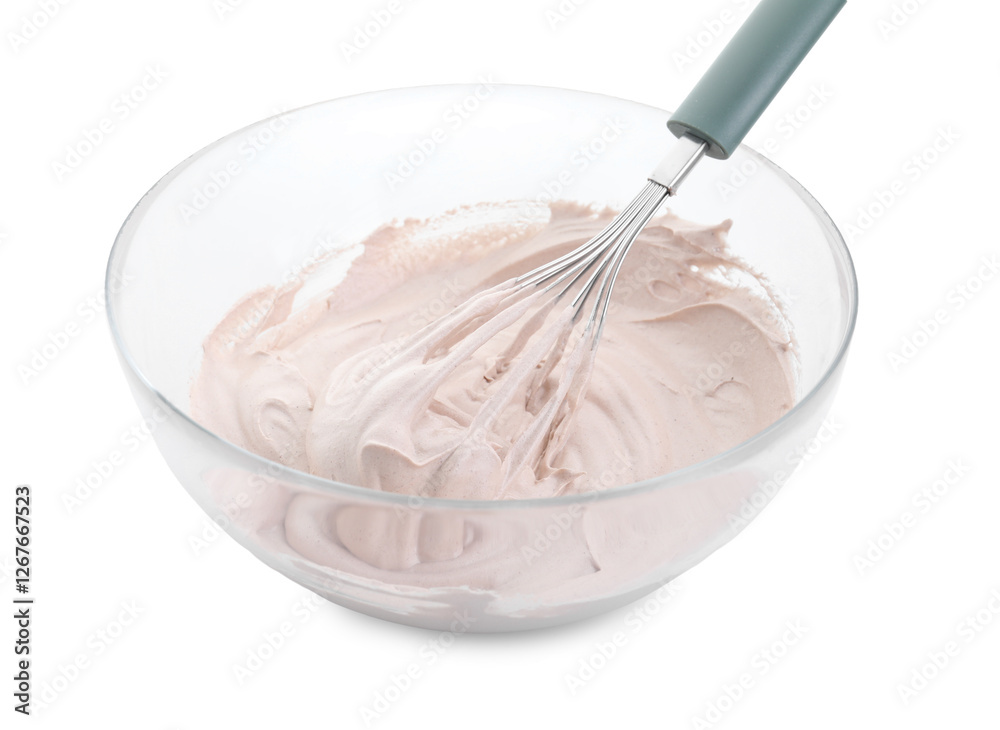 Bowl and whisk with delicious cream isolated on white Bowl and whisk with delicious cream isolated on white