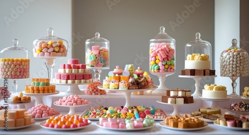 Fototapeta Naklejka Na Ścianę i Meble -  Elegant wedding candy bar featuring an array of colorful sweets, mini cakes, and decorative displays with ample space for text customization.