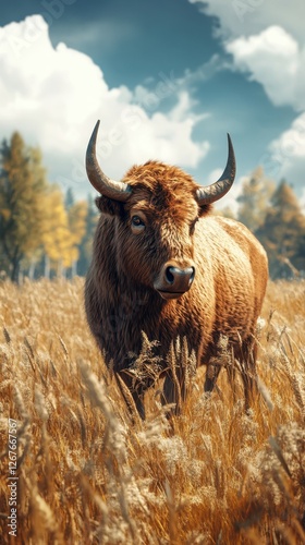 Highland cattle standing majestically in a golden field under a bright blue sky in autumn photo