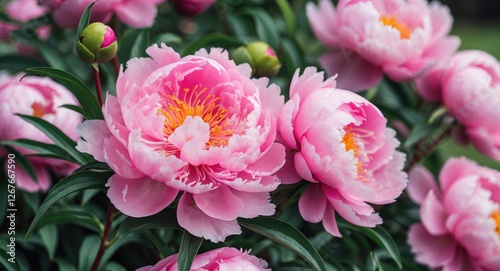 Vibrant Pink Peonies in Full Bloom with Lush Green Leaves and Soft Focus Background for Floral Aesthetics and Nature Photography.