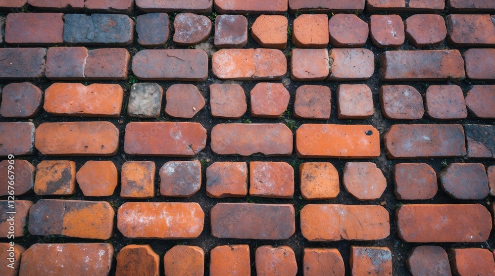 Fototapeta premium Textured brick pathway with varying shades and shapes of orange and red bricks creating a rustic and timeless outdoor surface pattern.