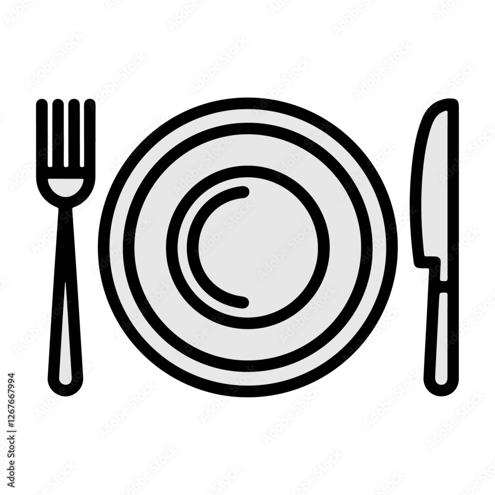 Black and white restaurant food icon with fork knife and plate perfect for menu design food delivery services dining symbols and culinary themes in vector illustration format Black and white restaurant food icon with fork knife and plate perfect for menu design food delivery services dining symbols and culinary themes in vector illustration format