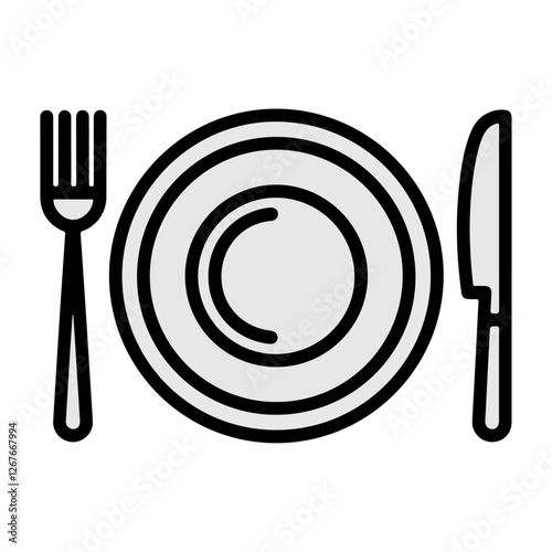 Black and white restaurant food icon with fork knife and plate perfect for menu design food delivery services dining symbols and culinary themes in vector illustration format