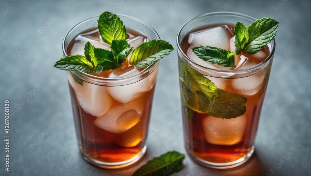 Refreshing Iced Tea in Two Glasses Garnished with Fresh Mint Leaves and Ice Cubes Captured in Low Angle Studio Shot Refreshing Iced Tea in Two Glasses Garnished with Fresh Mint Leaves and Ice Cubes Captured in Low Angle Studio Shot