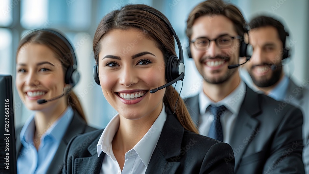 Group of cheerful customer service representatives in formal attire, smiling and wearing headsets in a bright office environment Group of cheerful customer service representatives in formal attire, smiling and wearing headsets in a bright office environment