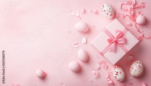 A white gift box adorned with a pink bow is placed next to a collection of colorful eggs, creating a festive and cheerful atmosphere.