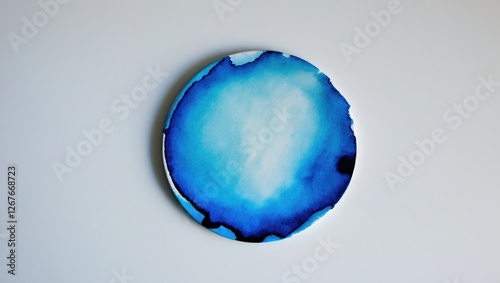 Blue watercolor circular splash with various shades on a clean white background creating a serene artistic effect.