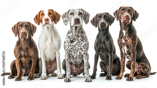 Friendly german shorthaired pointer dogs collection on white background - standing, portrait and sitting.