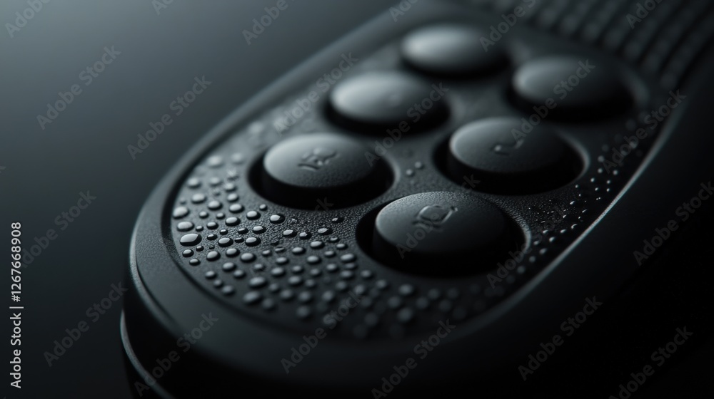 close-up of black remote control with water droplets close-up of black remote control with water droplets