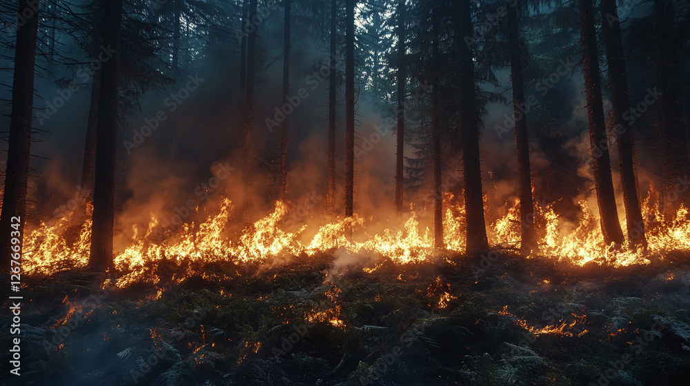 Intense forest fire blazing through dense woodland with flames and smoke. Intense forest fire blazing through dense woodland with flames and smoke.