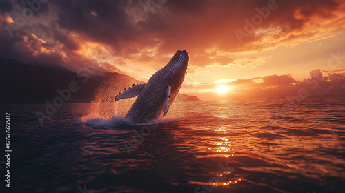 Jumping humpback whale breaching at sunset near tropical island, stunning nature showcase.