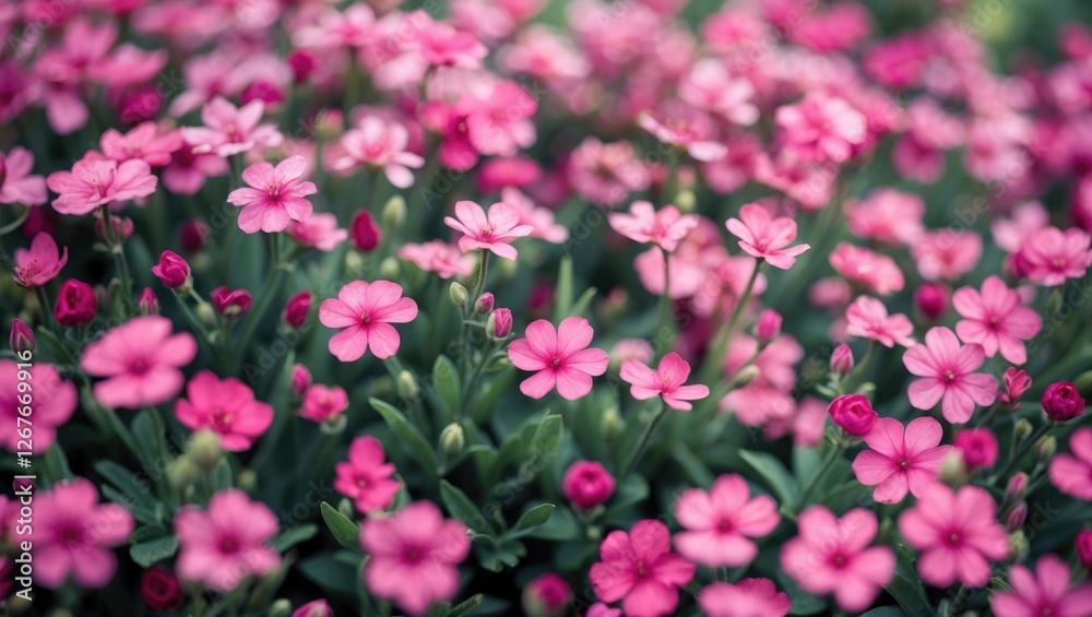 Vibrant Close-Up of a Blooming Pink Flower Field with Lush Green Foliage in Soft Natural Light Vibrant Close-Up of a Blooming Pink Flower Field with Lush Green Foliage in Soft Natural Light