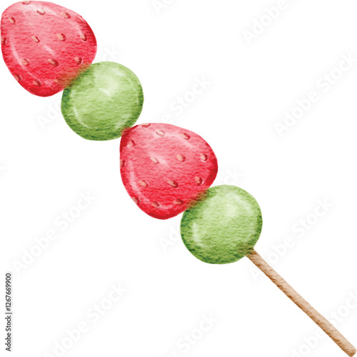 Tanghulu sugar coated candied fruits strawberry and grape watercolor illustration. Asian Chinese Korean sweet street food. Watercolor illustration of skewers fruits isolated on white.