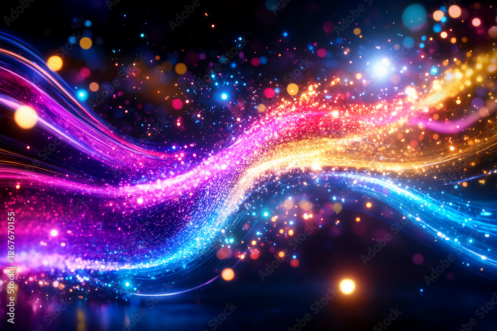 Fototapeta premium Quantum Entanglement Data – Intricate lattice of vibrant, interwoven light trails, glowing gold, deep azure, and soft luminescent purple representing interconnected information threads