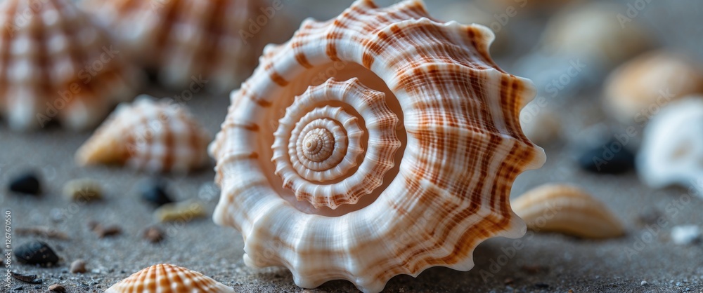 Detailed Close Up of Spiral Seashell with Smooth Texture on Sandy Background Ideal for Nature and Ocean Themed Designs Detailed Close Up of Spiral Seashell with Smooth Texture on Sandy Background Ideal for Nature and Ocean Themed Designs