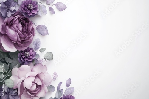 Floral watercolor corner border with violet blooms and eucalyptus leaves for elegant invitations and greeting cards in pastel colors photo