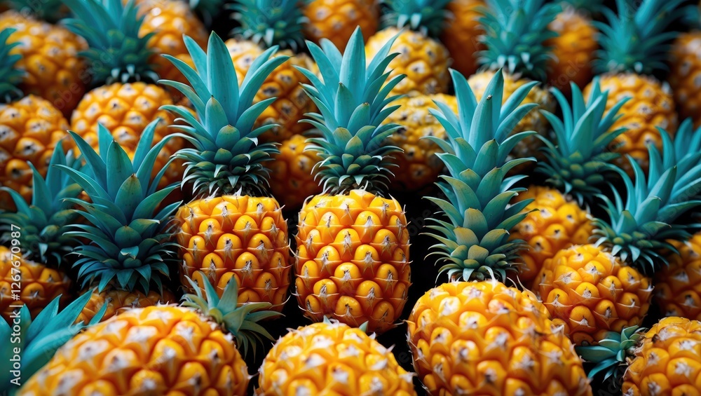 Vibrant Close Up of a Large Group of Fresh Pineapples Displayed in an Overhead View Perfect for Tropical or Culinary Themes Vibrant Close Up of a Large Group of Fresh Pineapples Displayed in an Overhead View Perfect for Tropical or Culinary Themes