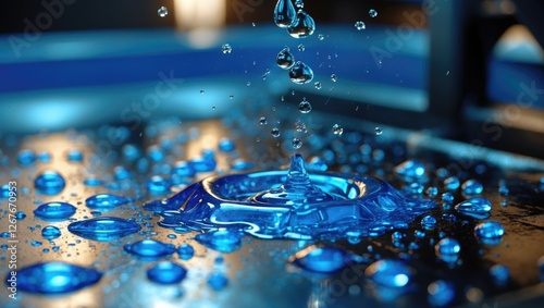 Macro shot of blue water droplets on metallic surface creating a mesmerizing texture and reflections in a vibrant and dynamic setting.