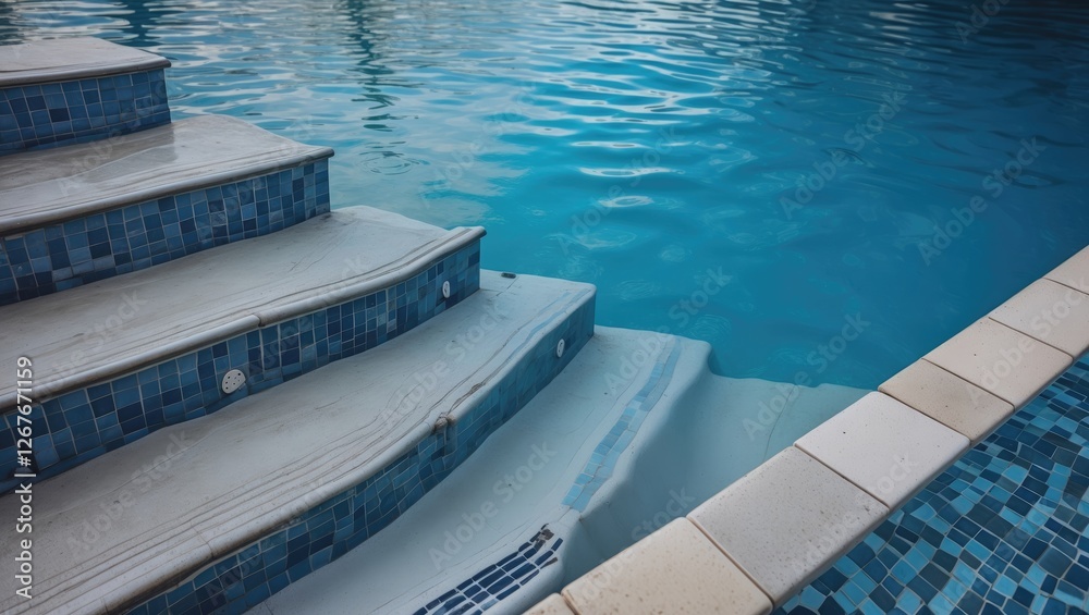 Swimming Pool Steps with Blue Water Reflections Captured in a Clear and Serene Atmosphere for Relaxation and Leisure Themes Swimming Pool Steps with Blue Water Reflections Captured in a Clear and Serene Atmosphere for Relaxation and Leisure Themes