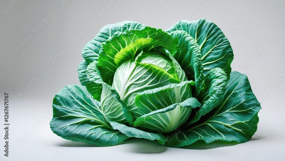 Obraz premium Fresh green cabbage with vibrant leaves displayed on a clean white background emphasizing its natural textures and colors for culinary use.