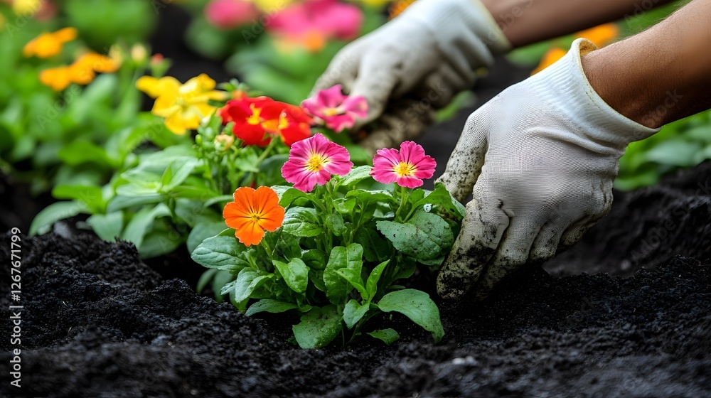 Colorful Spring Flowers Being Planted in the Lush Garden Bed Colorful Spring Flowers Being Planted in the Lush Garden Bed