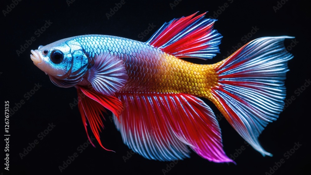 Colorful Siamese Betta fish with half-moon fins swimming against a black background showcasing vibrant colors and intricate details. Colorful Siamese Betta fish with half-moon fins swimming against a black background showcasing vibrant colors and intricate details.